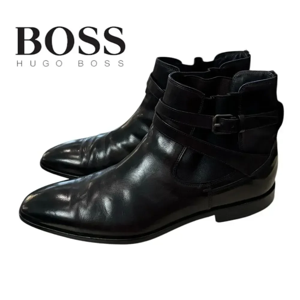 Hugo Boss Men's Black Leather Slip-on Motorcycle Boots 8